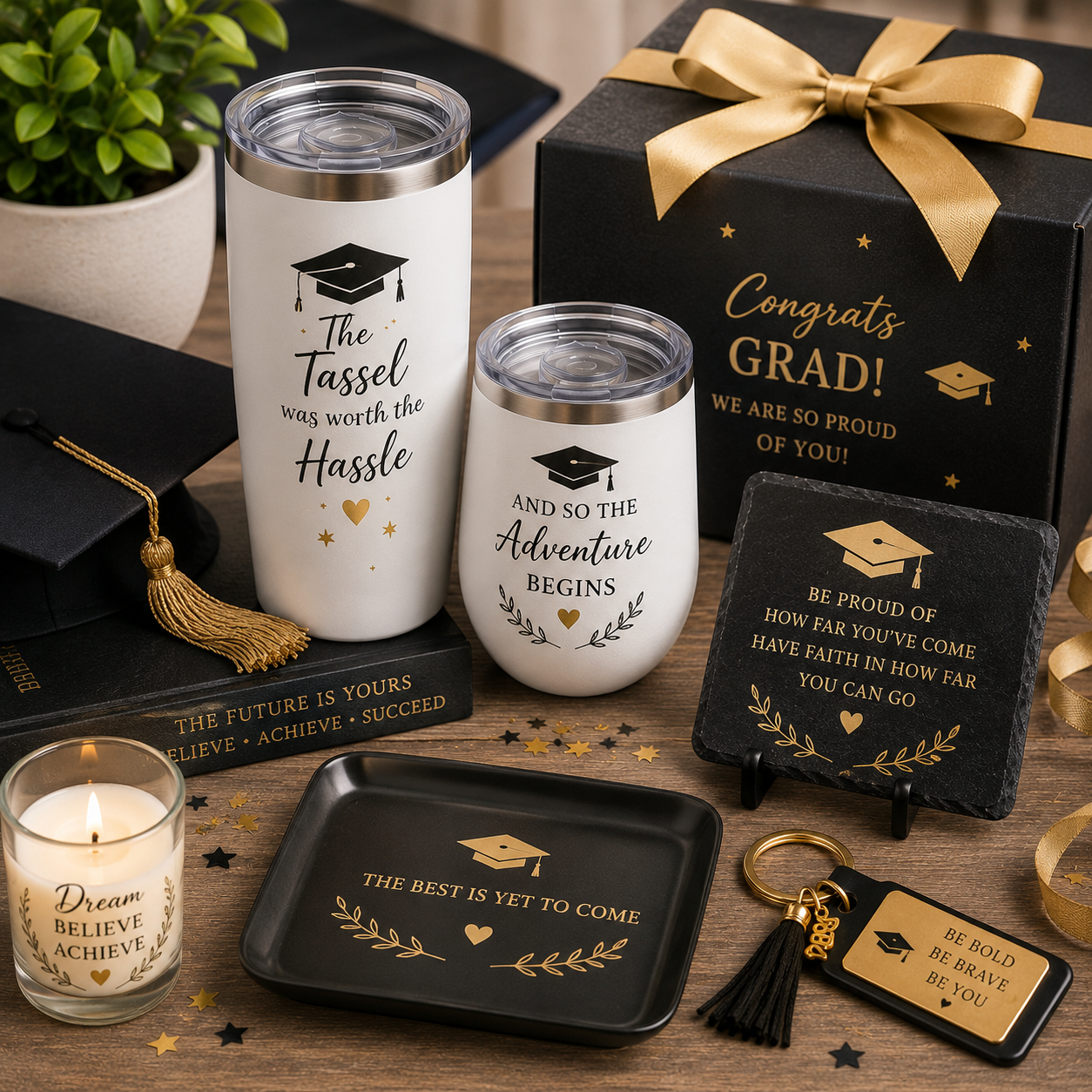 Personalized graduation gift basket featuring UV printed tumblers, engraved keepsakes, graduation decor, custom gifts for graduates, and celebration gifts by Copper Grove Creations.