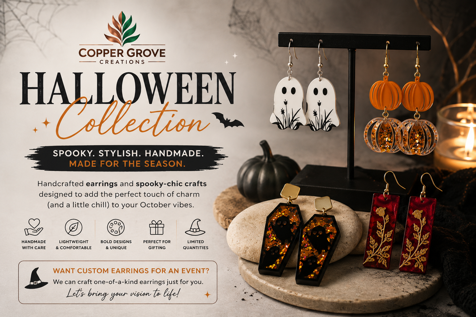 Handmade Halloween earrings featuring ghost, pumpkin, coffin, and autumn-inspired designs, crafted as unique seasonal accessories by Copper Grove Creations.