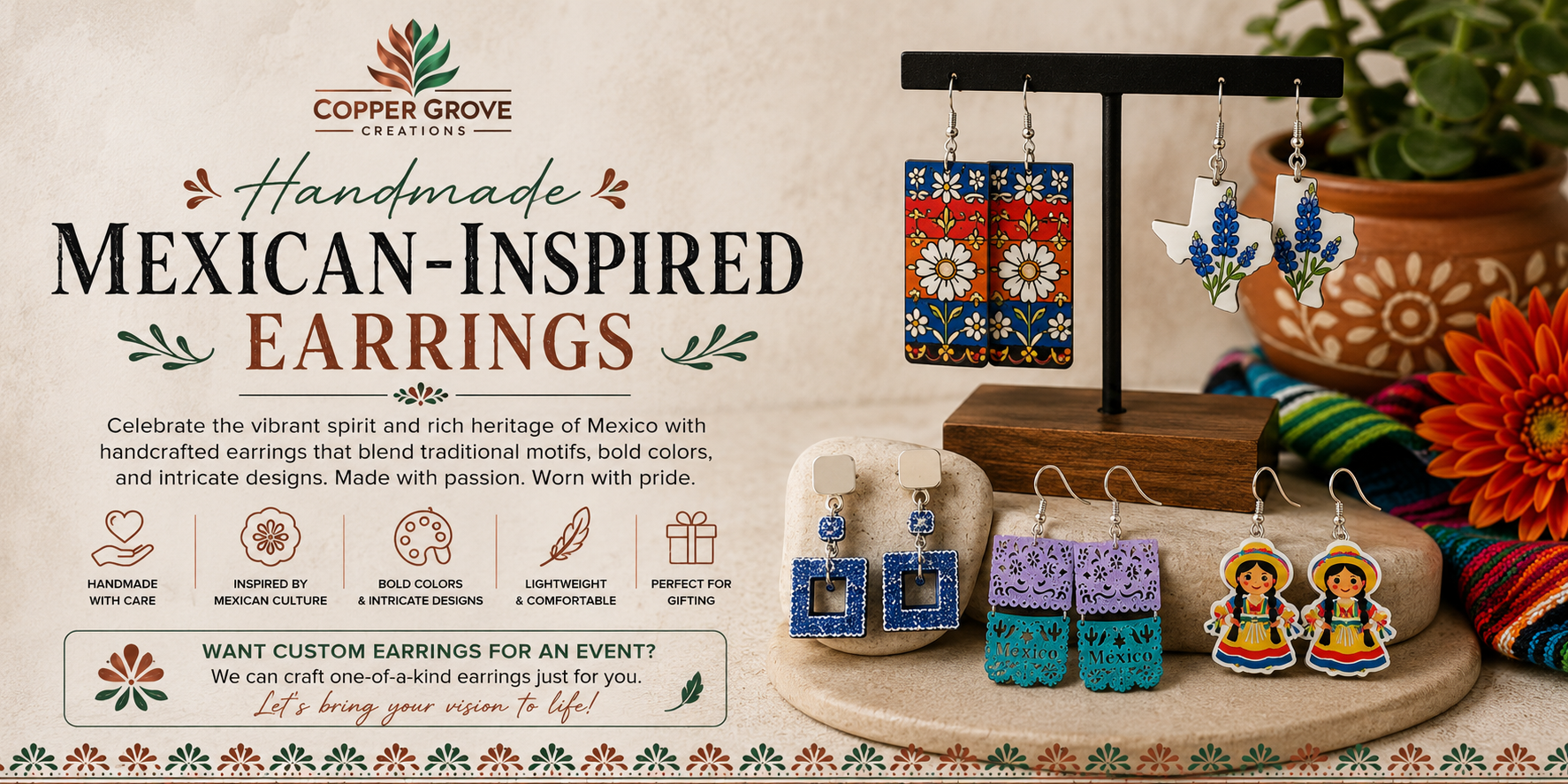 Handmade Mexican-inspired earrings featuring colorful artisan designs, cultural patterns, and lightweight statement styles handcrafted by Copper Grove Creations.