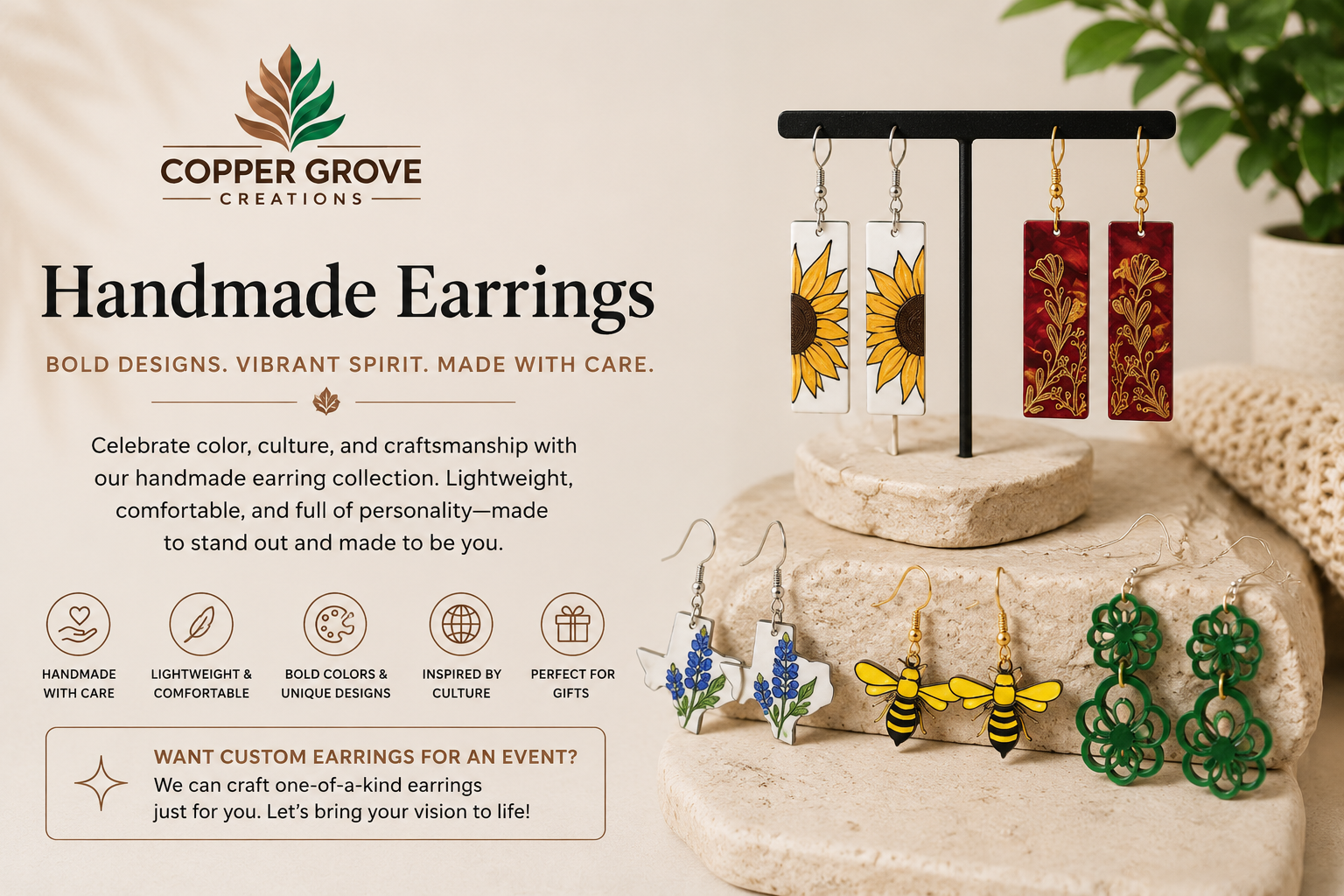 Handmade statement earrings featuring sunflower, floral, bee, and decorative designs, crafted with vibrant colors and unique artistry by Copper Grove Creations.