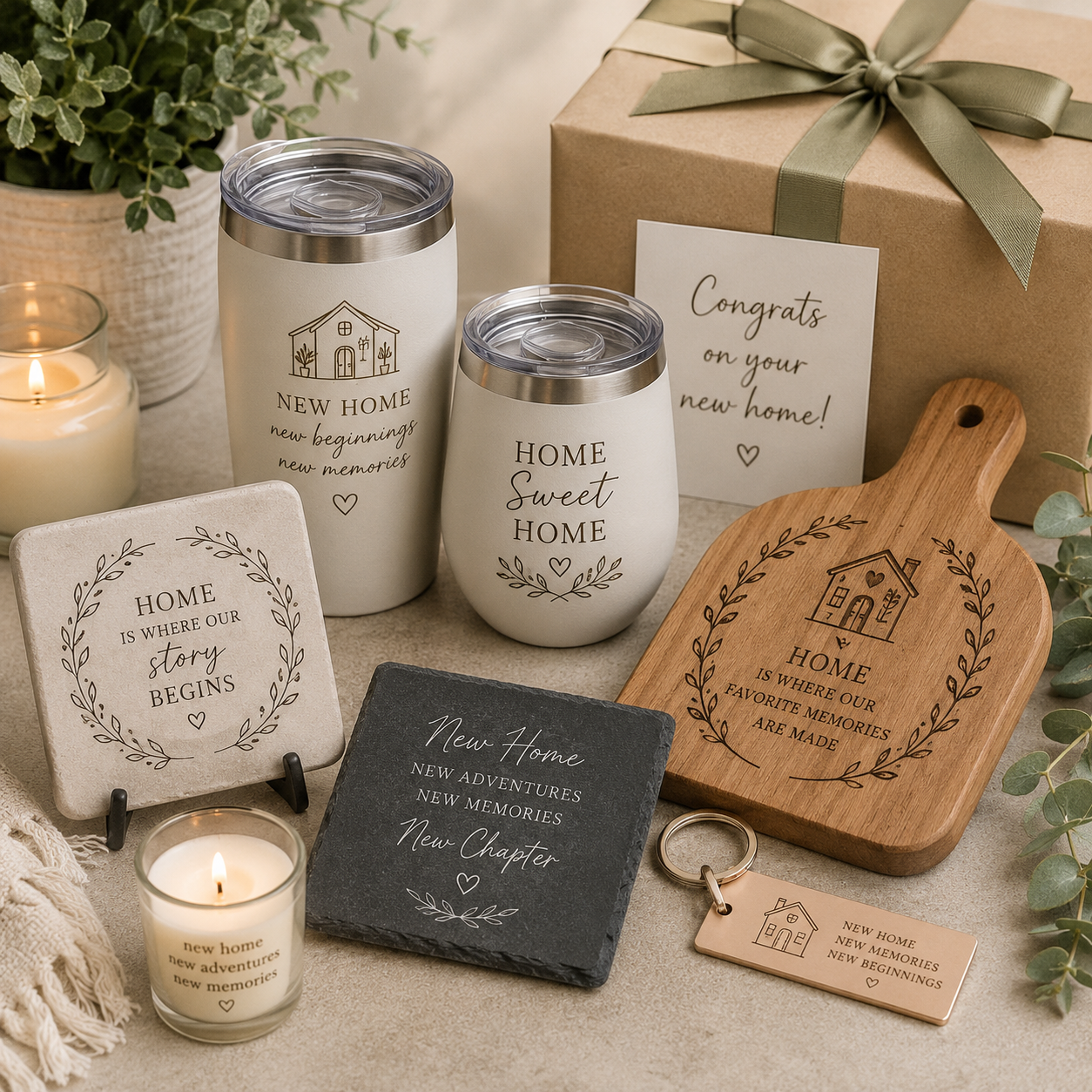 Personalized housewarming gift basket featuring engraved cutting board, custom tumblers, slate coasters, candle, keychain, and new home gifts by Copper Grove Creations.