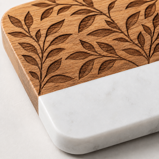 Close-up of a square marble and acacia wood coaster with a detailed botanical design laser engraved into the wood section.