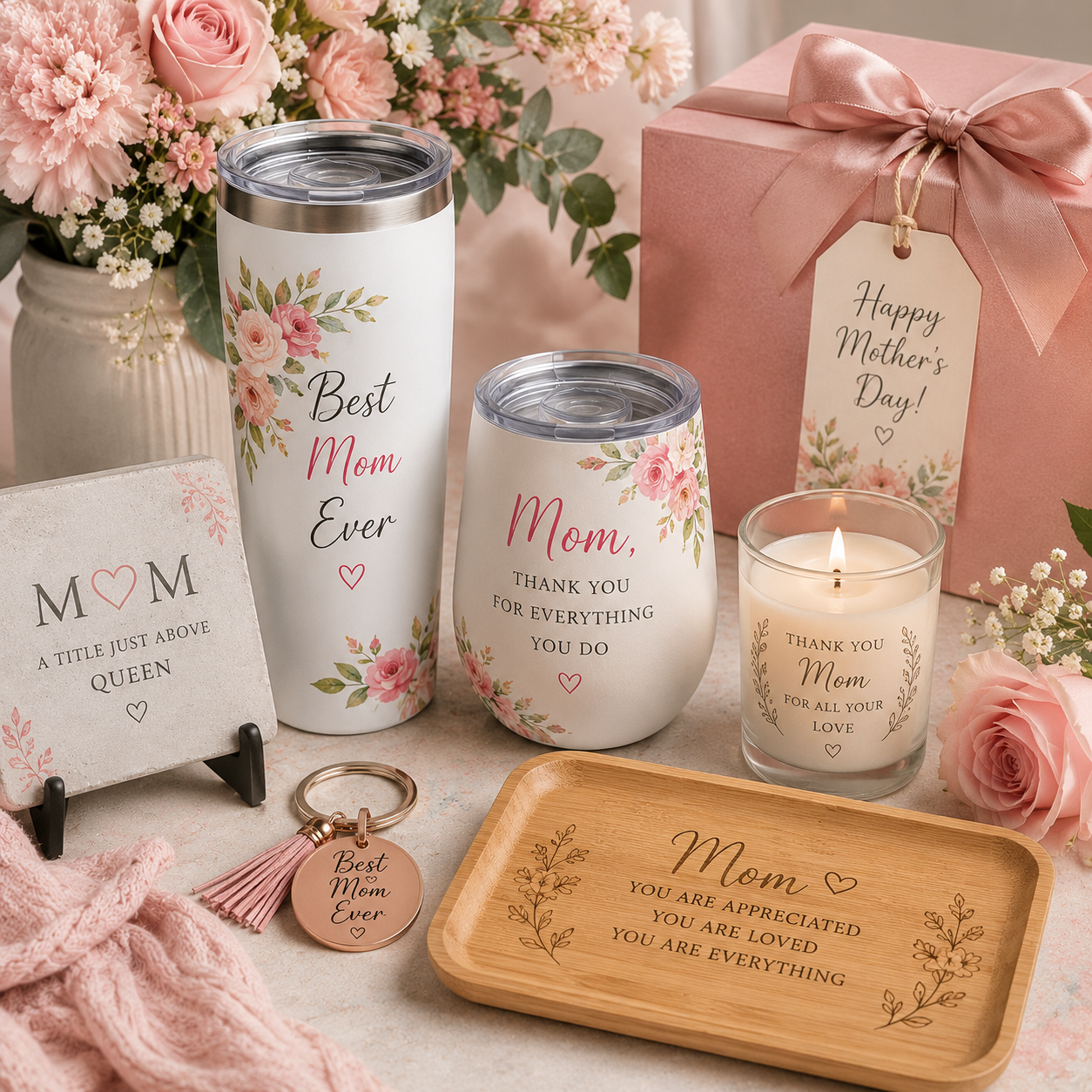 Personalized Mother's Day gift basket featuring custom UV printed tumblers, engraved serving tray, candle, floral gifts, and keepsakes for mom by Copper Grove Creations.