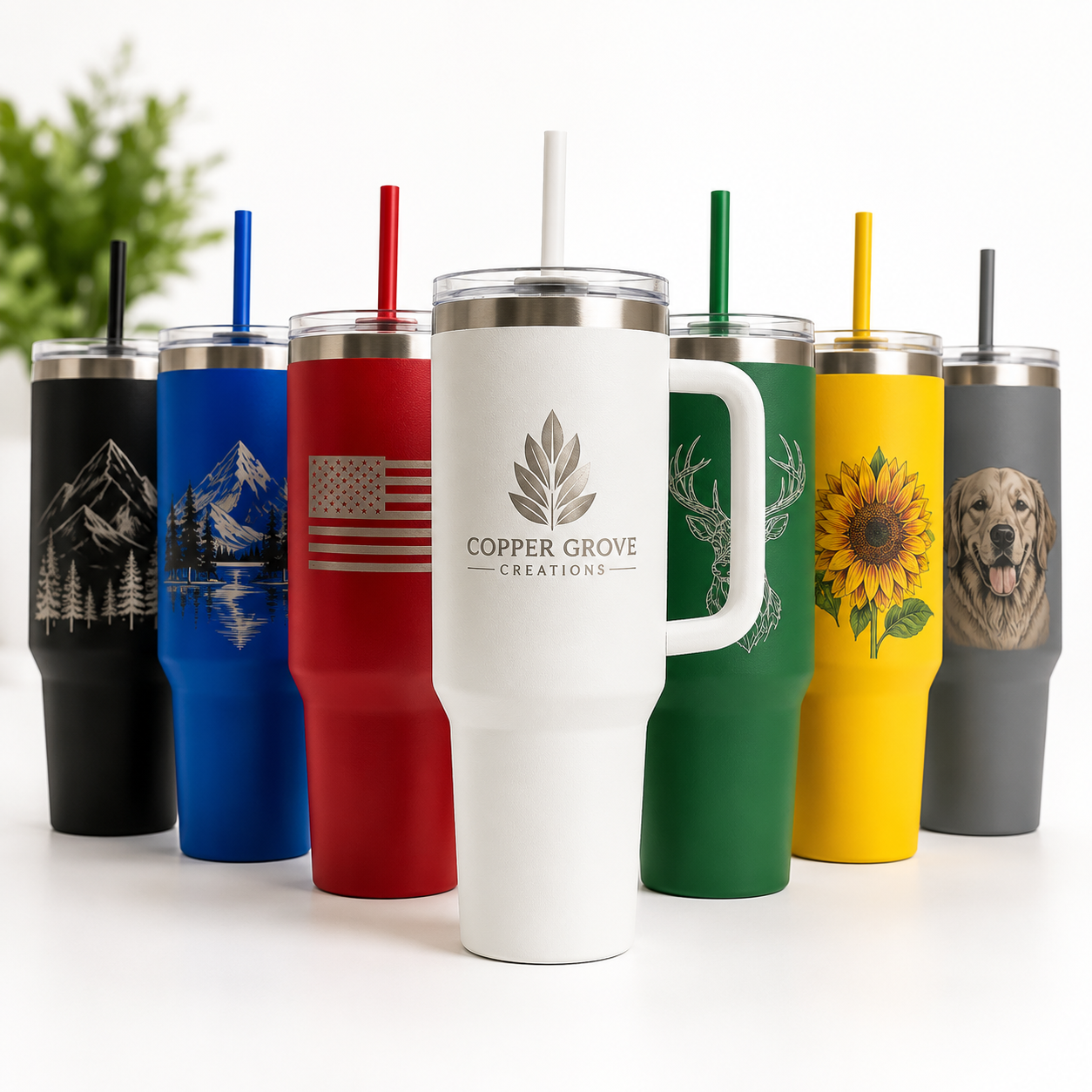Custom 40 oz handled tumblers available with laser engraving or UV printing in black, blue, red, white, green, yellow, and gray from Copper Grove Creations.