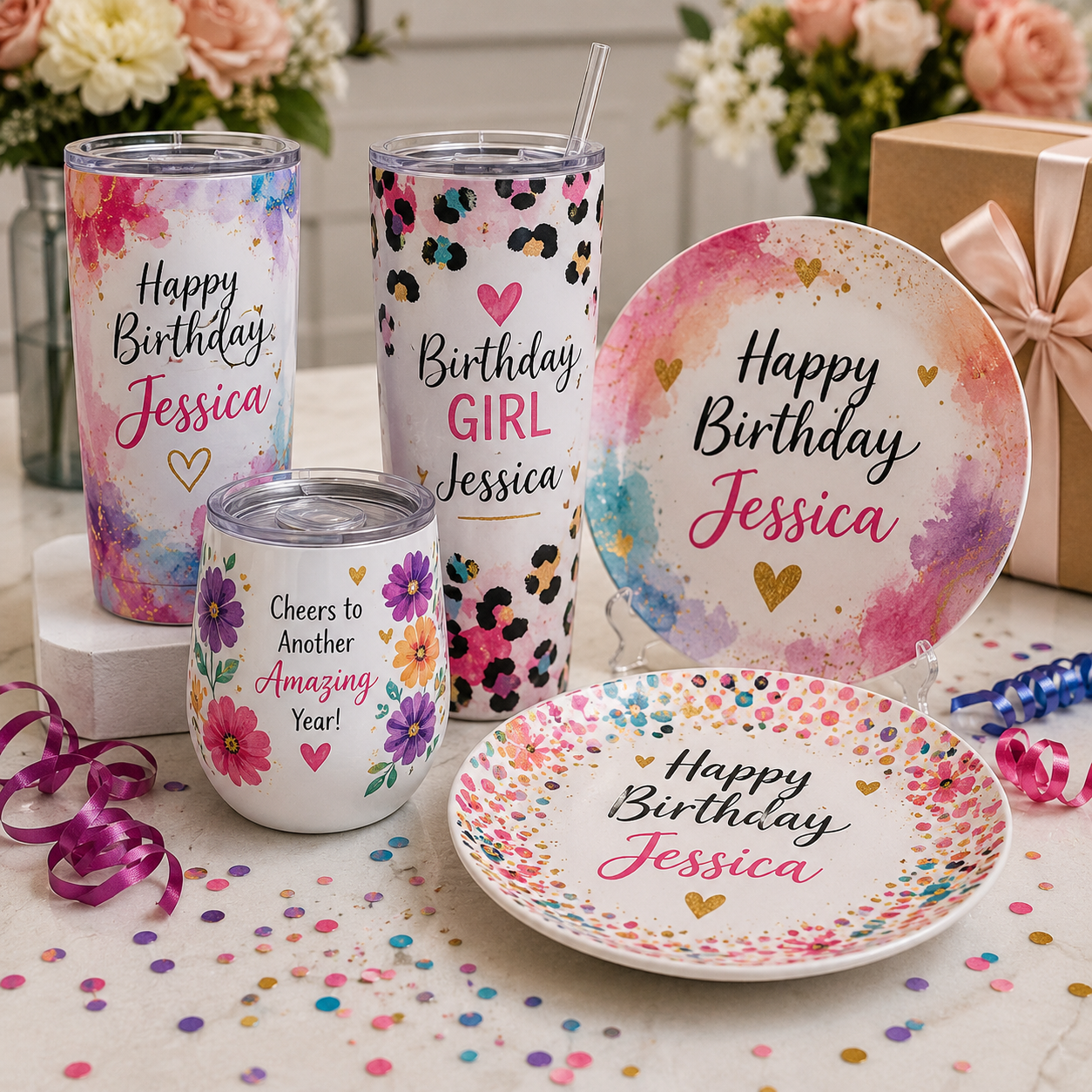 Personalized birthday gift collection featuring colorful UV printed tumblers, custom plates, party drinkware, and birthday keepsakes by Copper Grove Creations.