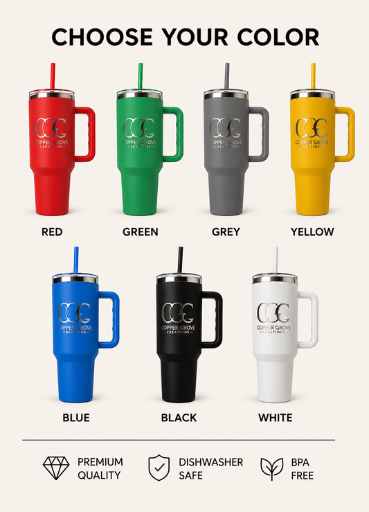 Personalized handled tumblers available in multiple colors, featuring custom laser engraved designs, durable stainless steel construction, and insulated drinkware by Copper Grove Creations.