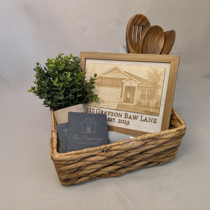 Housewarming gift basket featuring a personalized engraved photo of their new home and custom slate coasters, perfect for realtor closing gifts, new homeowners, and housewarming celebrations.