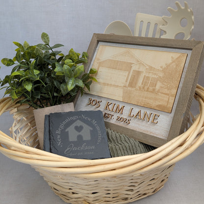 personalized-housewarming-gift-basket-home-portrait-and-coasters.