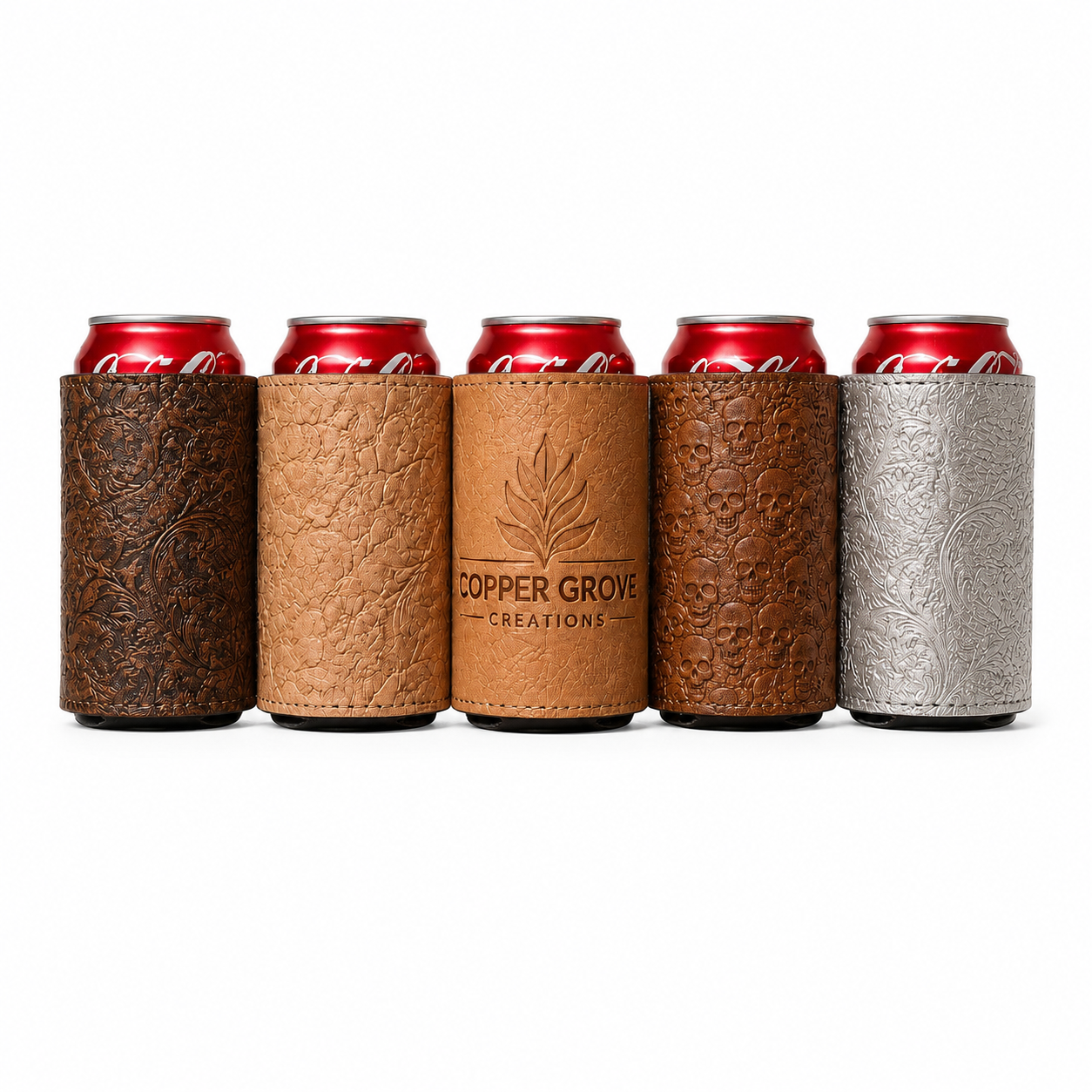 Personalized genuine leather can coolers with custom laser engraving, embossed leather designs, and logo options handcrafted by Copper Grove Creations.