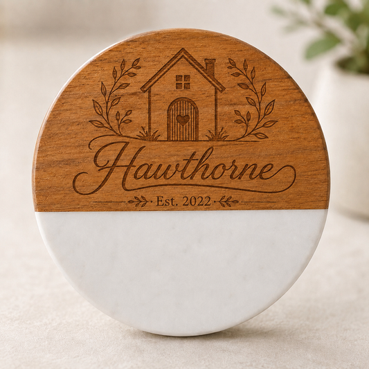 Personalized round marble and acacia wood coaster engraved with the Hawthorne family name, house design, and established date.
