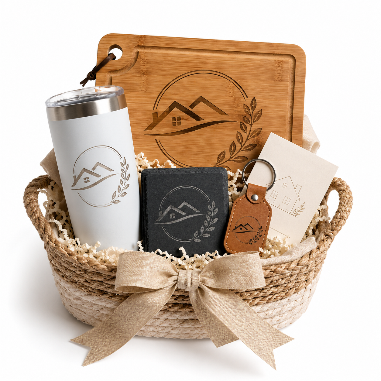 Personalized realtor closing gift basket with engraved tumbler, custom cutting board, slate coaster, leather keychain, and welcome home card by Copper Grove Creations.