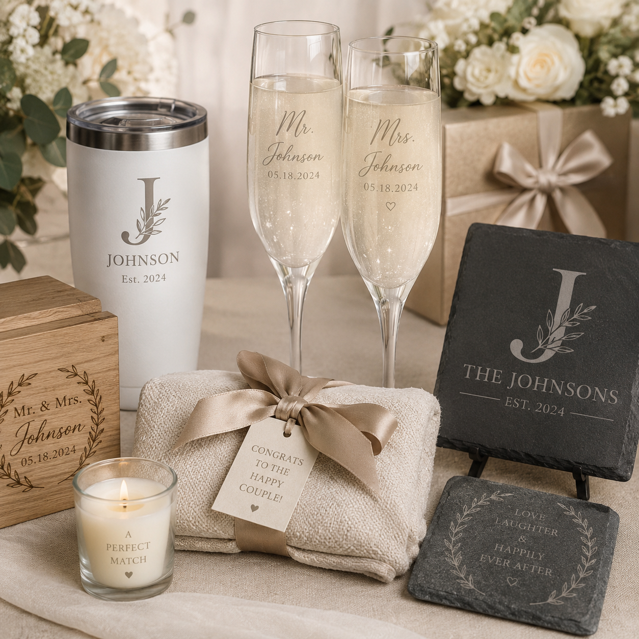 Personalized wedding gift collection featuring engraved champagne flutes, custom tumblers, slate coasters, candles, and keepsake gifts for newlyweds by Copper Grove Creations.