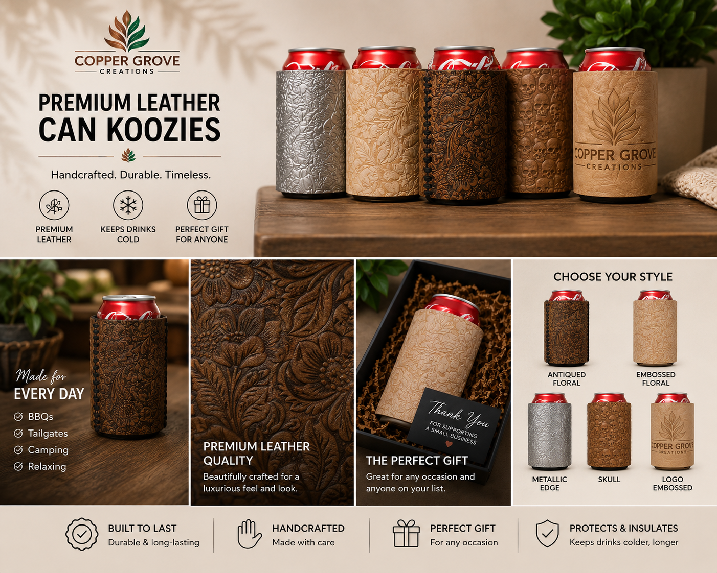 Premium leather can koozies featuring custom engraved designs, insulated drink holders, and personalized gift options handcrafted by Copper Grove Creations.