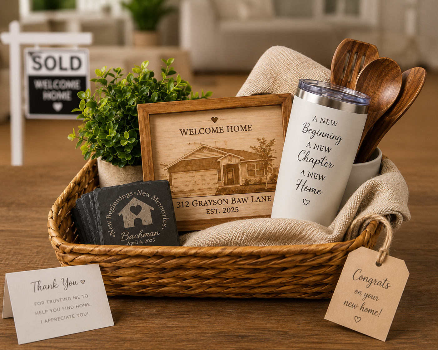 Personalized realtor closing gift basket featuring engraved home sign, custom tumbler, slate coasters, housewarming decor, and welcome home gifts by Copper Grove Creations.