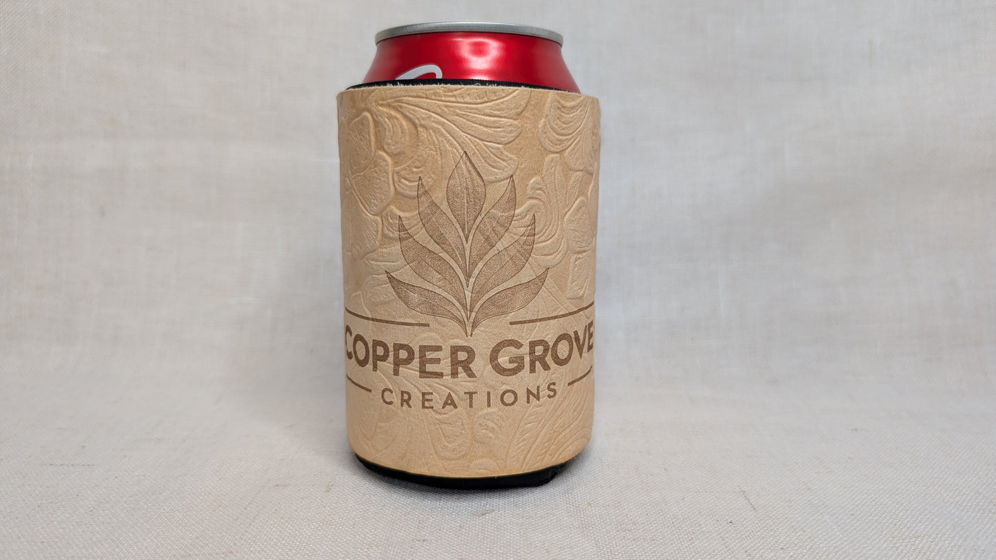 Natural Leather Embossed Floral Koozie – Handcrafted Elegance
