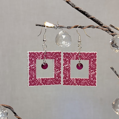 Pink Talavera square dangle earrings with white floral patterns and matching pink center charms.