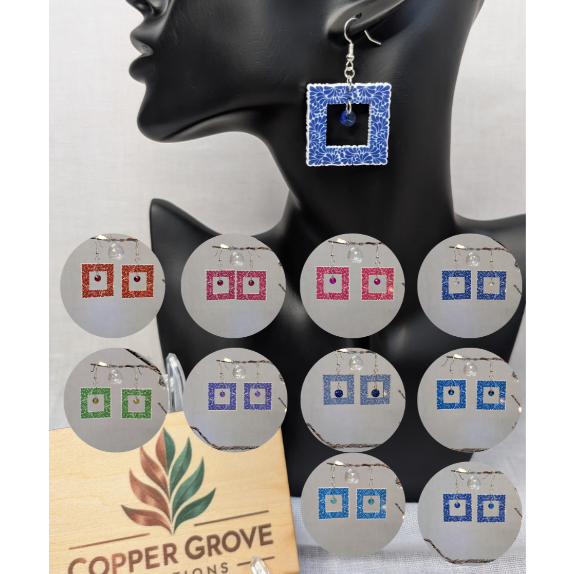 Talavera-style square picture frame earrings shown in multiple color options with a blue earring displayed on a black jewelry stand.