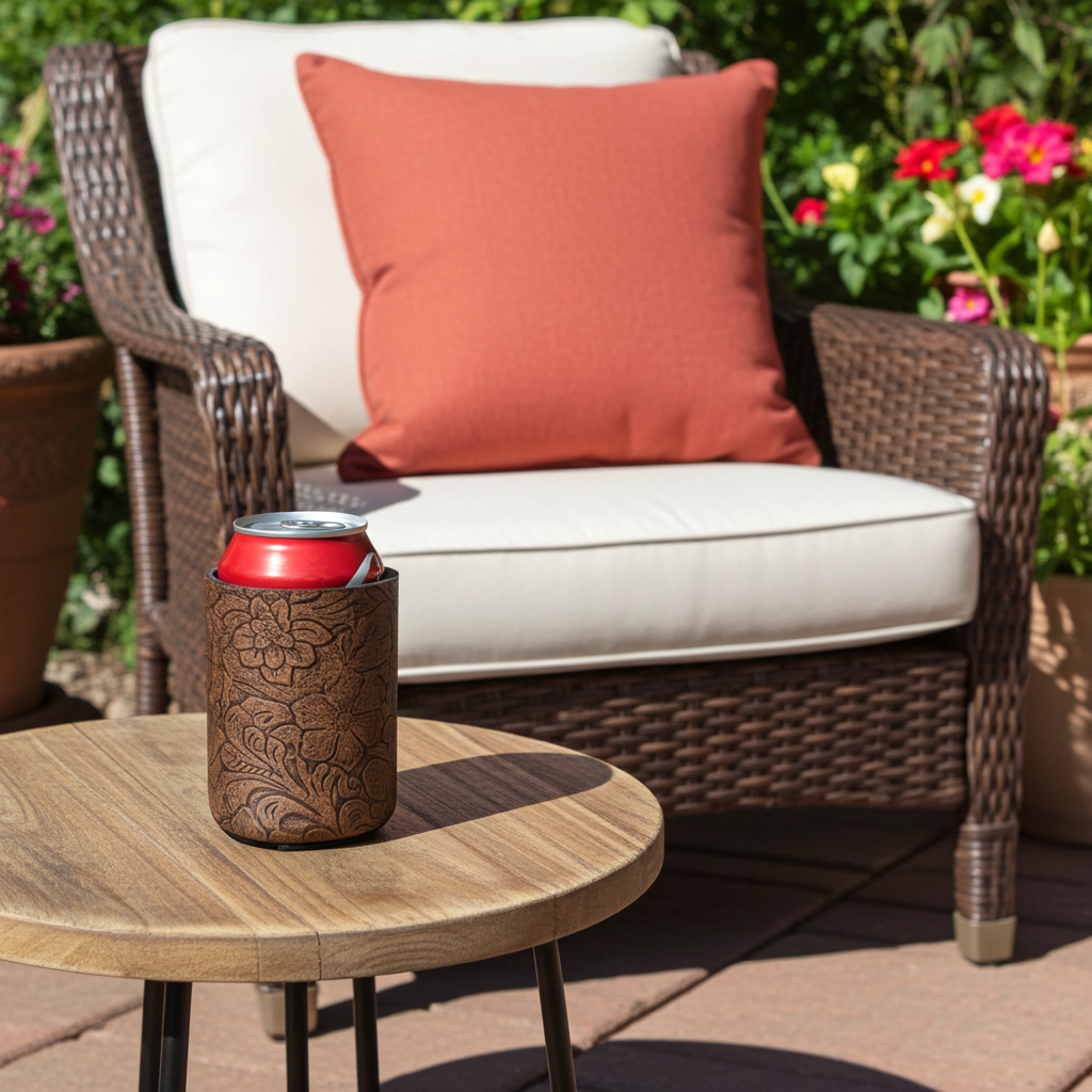Antiqued Floral Leather Koozie