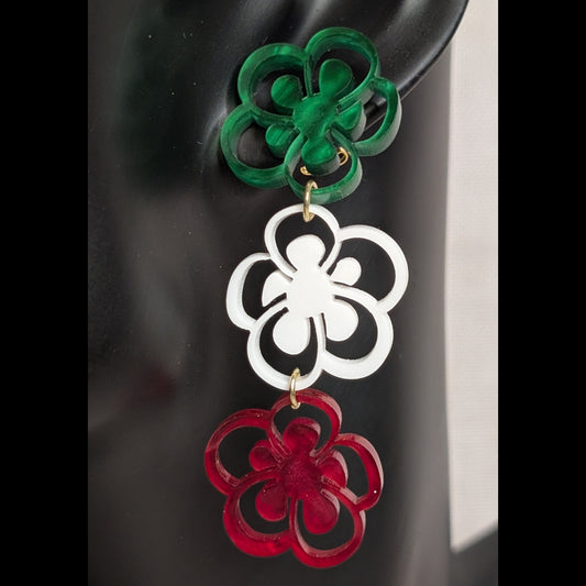 Viva Mexico three-tier floral earrings in green, white, and red acrylic with layered flower shapes.